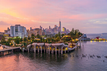 Cityscape of downtown Manhattan skyline with the Little Island Public Park in New York City at sunrise - 618995087
