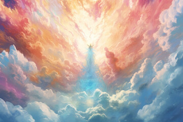 Religion, culture and sacral concept. Abstract visualization of God light in clouds visualization and interpretation illustration. Vivid pastel colors. Background with copy space. Generative AI
