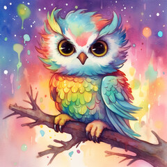 Obraz premium watercolor painting of a colorful owl sitting on a branch