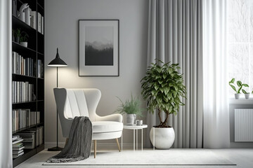 Living room interior with carpet, white chair, lamp, coffee table, bookshelf, plant, and curtain. Blank wall with vertical frame