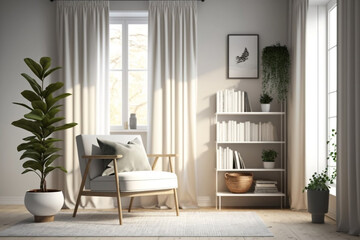 Living room interior with carpet, white chair, lamp, coffee table, bookshelf, plant, and curtain. Blank wall with vertical frame