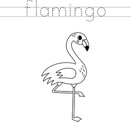 Trace the letters and color cartoon flamingo. Handwriting practice for kids.