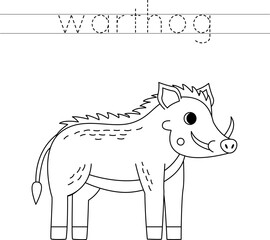 Trace the letters and color cartoon warthog. Handwriting practice for kids.