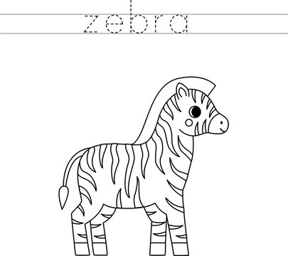 Trace the letters and color cartoon zebra. Handwriting practice for kids.