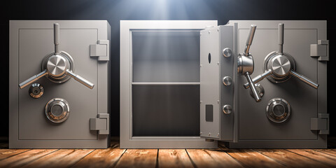 Three safe deposit boxes with one door open.  Сhoosing the right bank to  your savings.