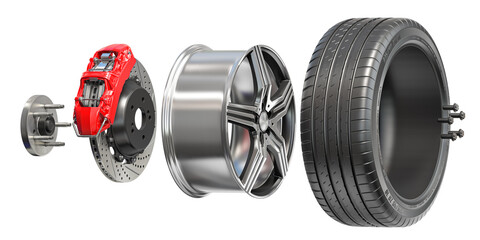 Car wheel structure. Tyre, rim, disk brakes with caliper isolated on white.