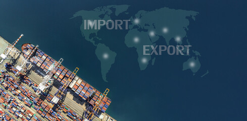 cargo ship and truck at seaport waiting for container dock crane shipment harbor loading container import and export commercial trade business logistic and transportation international.