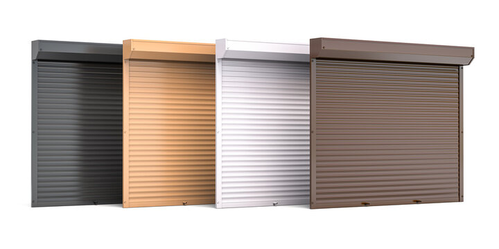 Window roller shutters of different colors isolated on white background.