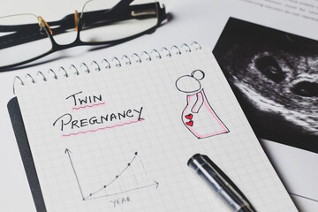 Twin pregnancy message in notepad with increasing graph and hand drawn picture on desk. Selective...