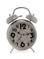 Metal alarm clock on white background