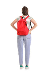 Female student with backpack on white background, back view