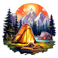 Campfire in forest cartoon sticker, campers collection.