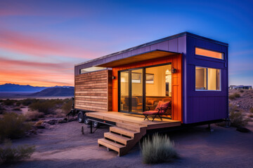 Customized mobile home trailer in the desert.