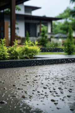 Heavy rain in a tropical resort. Photorealistic illustration of Generative AI.
