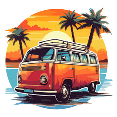 Summer Camper Van, camping on the sunset coast with car, palm trees