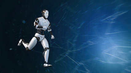 Fototapeta premium Futuristic world robots are running. Presentation of technology with robots. 3d rendering action of robot.