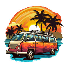 Summer Camper Van, camping on the sunset coast with car, palm trees