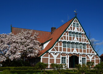 Historical City Hall in Spring in the Town Jork in the Old Country, Lower Saxony