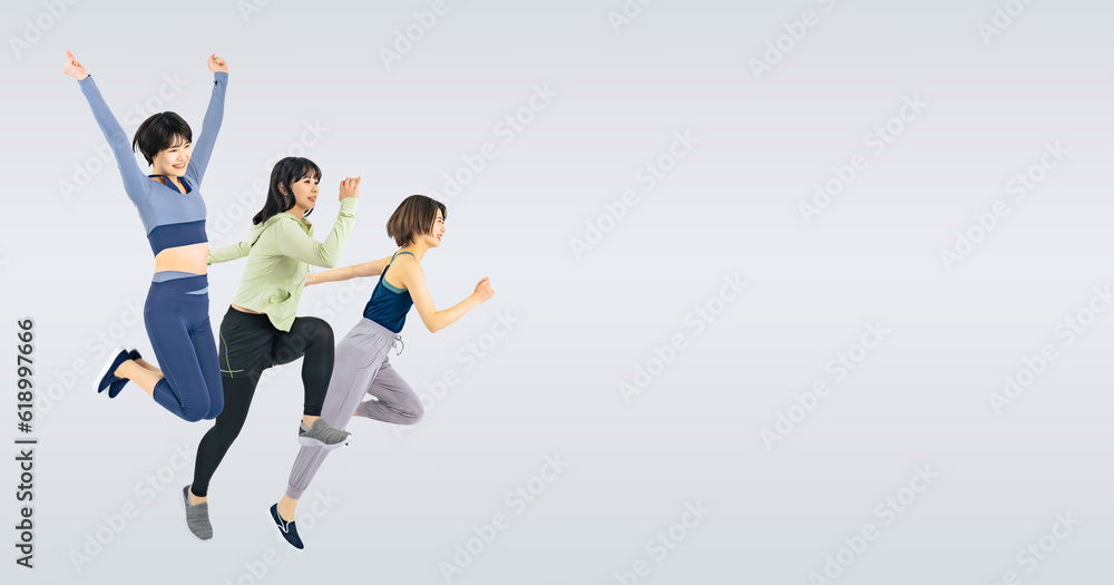 Aufkleber スポーツウェアを着てジャンプする女性のグループ　（切り抜き背景透過pngも販売しております。作成者リンクから「png」で検索してください）
