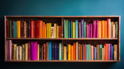 Bookshelf with colorful books in the library. Education concept, background
