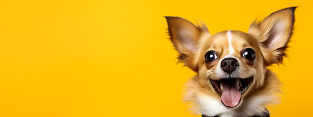 Portrait of a funny dog on a yellow background. Banner. Background