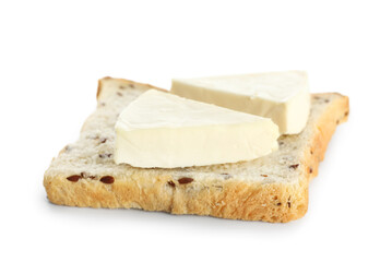 Tasty toast with triangles of processed cheese on white background