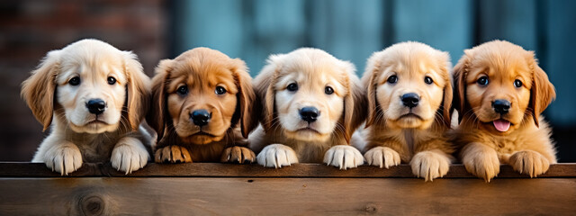Group of Golden Retriever puppies on wooden background, close up