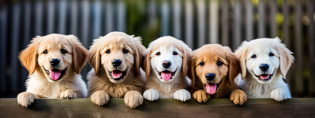 Group of golden retrievers in front of a black background
