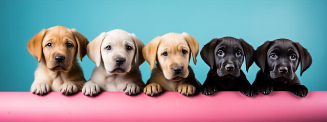 Studio shot of a group of labrador retriever puppies against a blue background.