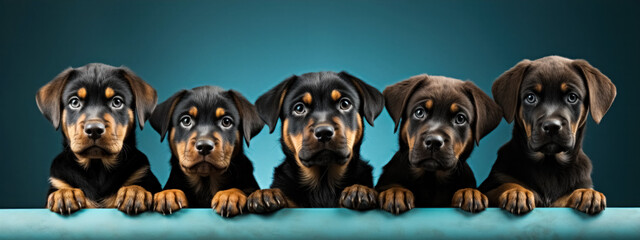 Group of beautiful rottweiler puppies in a row over blue background