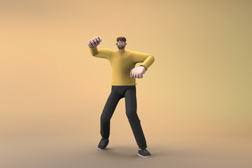 Man in casual clothes making gestures while exercise. 3D rendering of a cartoon character.