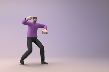 Fototapeta na wymiar Man in casual clothes making gestures while exercise. 3D rendering of a cartoon character