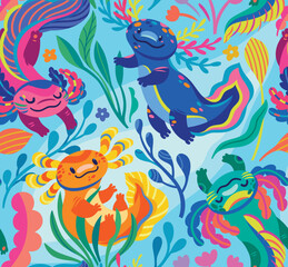 Seamless pattern with cute cartoon axolotls, amphibian creatures are floating in the seaweeds - 618998432