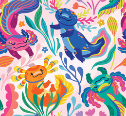 Seamless pattern with cute cartoon axolotls, amphibian creatures are floating in the seaweeds - 618998454