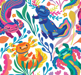 Seamless pattern with cute cartoon axolotls, amphibian creatures are floating in the seaweeds - 618998476