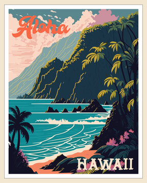 Aloha Hawaii Travel Poster in retro style. Exotic Tropical ocean beach landscape with mountains and exotic plants vintage print. Summer vacation, holidays concept. Vector colorful art illustration.