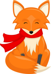 Vector illustration of a seated cartoon red fox wearing a bright red scarf.
