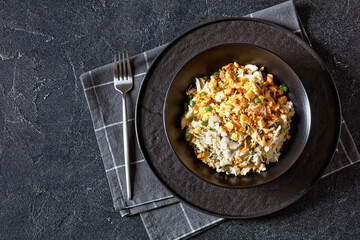 Chicken Rice Casserole in black bowl, top view