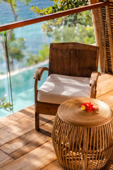 Resort infinity pool on Nusa Lembongan Island, Indonesia with Mount Aging in the background