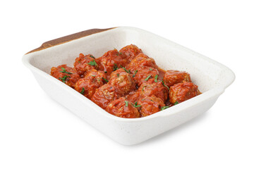 Baking dish of tasty meat balls with tomato sauce and parsley on white background