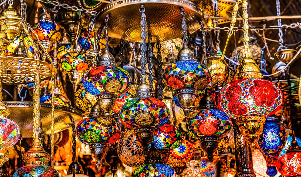Colorful Turkish Mosaic Lamps Ornaments Grand Bazaar Istanbul Turkey