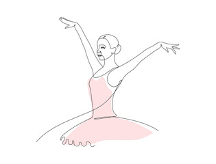 Ballerina in pink ballet tutu isolated on white background. Dancer in beautiful pose. Ballet. One continuous line art drawing background, banner, poster.	