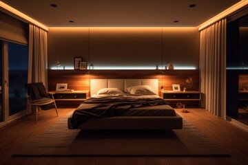 Cozy bedroom interior in a contemporary design. The room is in pastel brown with a large double...