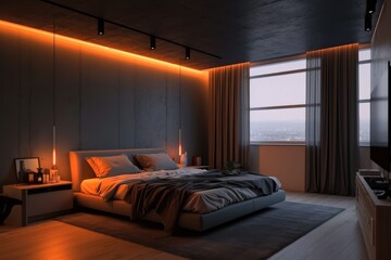 penthouse bedroom at night, dark gloomy, A room with a view of the city from the bed, generative ai