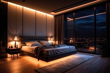 penthouse bedroom at night, dark gloomy, A room with a view of the city from the bed, generative ai - Powered by Adobe