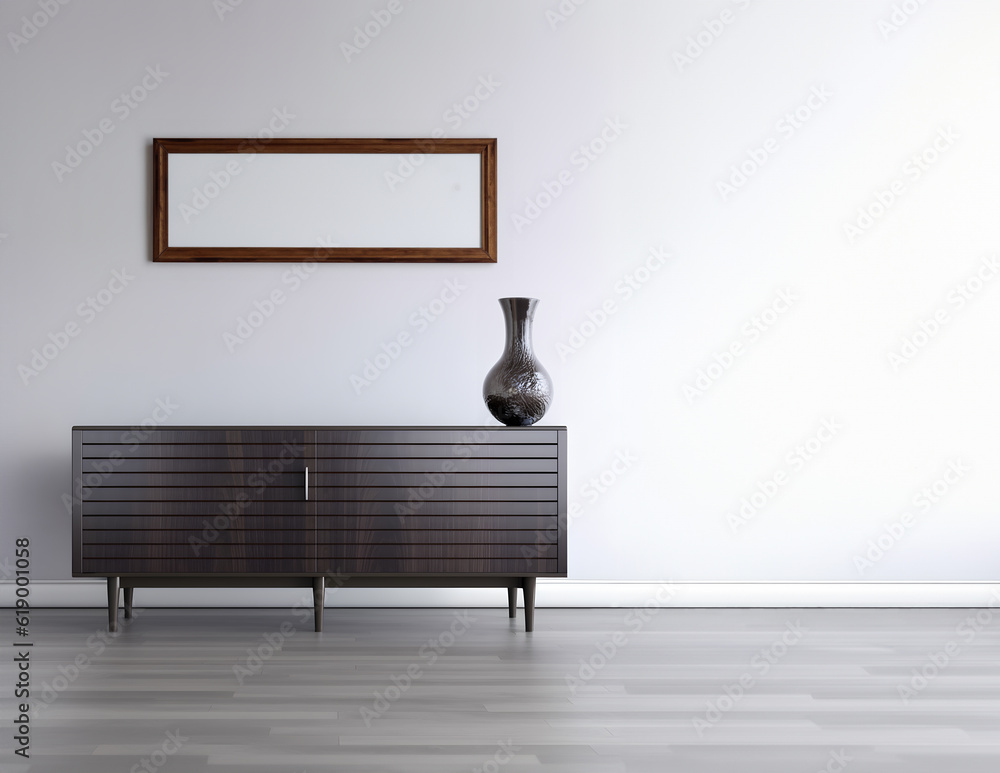Poster creative interior concept. large blank empty minimal wall room with cabinet shelf sideboard and phot