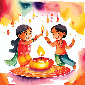 Indian Kids Celebrating Diwali watercolour vector illustration 