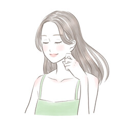 手ポーズをして目を閉じて笑みを浮かべる髪のきれいな女性　