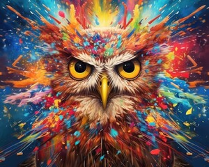 Fototapeta premium owl form and spirit through an abstract lens. dynamic and expressive owl print by using bold brushstrokes, splatters, and drips of paint. owl raw power and untamed energy