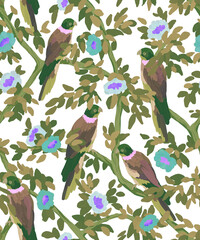 Seamless pattern with parrots sitting on branches with flowers. Painted by hand